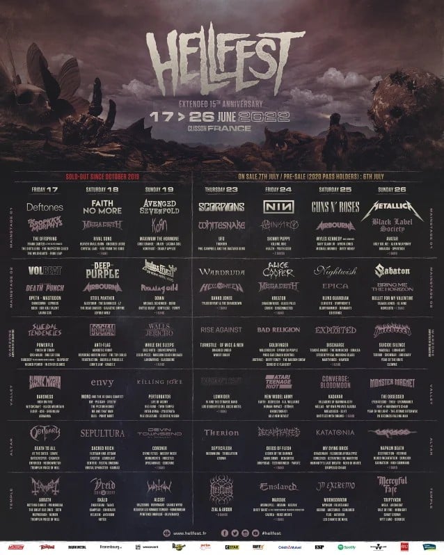 hellfest france 2022 lineup, METALLICA, GUNS N’ ROSES, DEFTONES And NINE INCH NAILS Among Bands Who Will Play 2022 Edition Of France’s HELLFEST