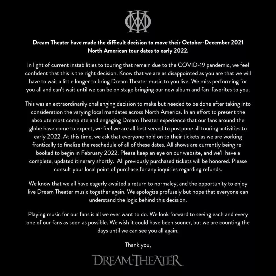dream theater tour dates postponed, DREAM THEATER Postpone US Tour Dates To 2022