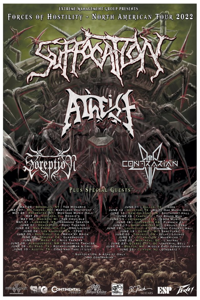 suffocation tour dates, SUFFOCATION Announce ‘Forces Of Hostility’ 2022 North American Tour Dates With ATHEIST